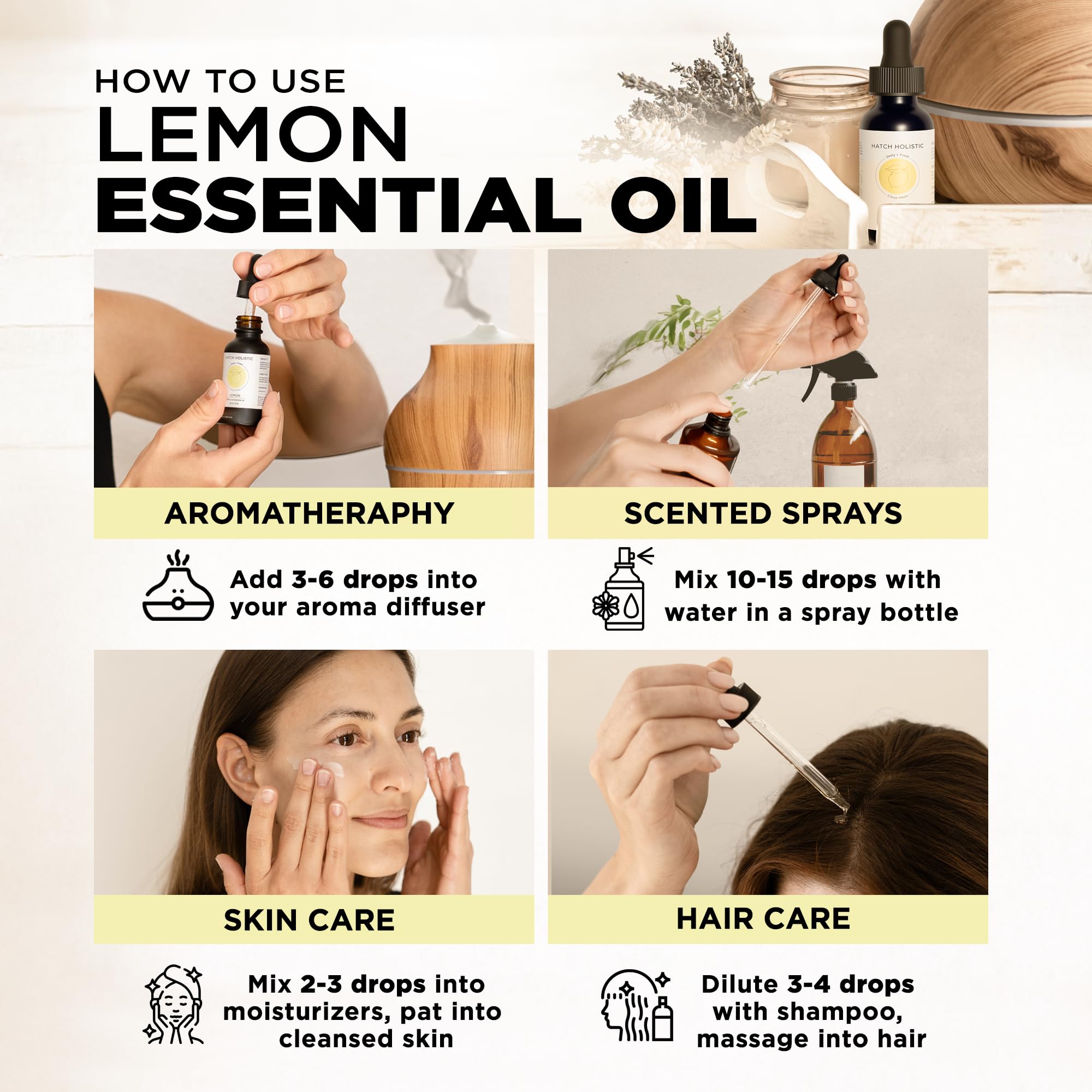 Premium glass bottle of Lemon Essential Oil with label