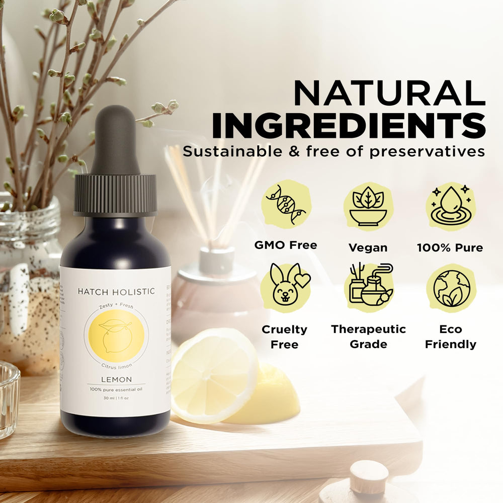 Lemon essential oil bottle with skincare products