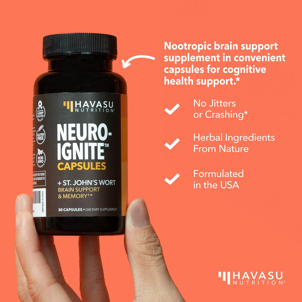 HAVASU NUTRITION NeuroIGNITE capsules on wooden surface for focus