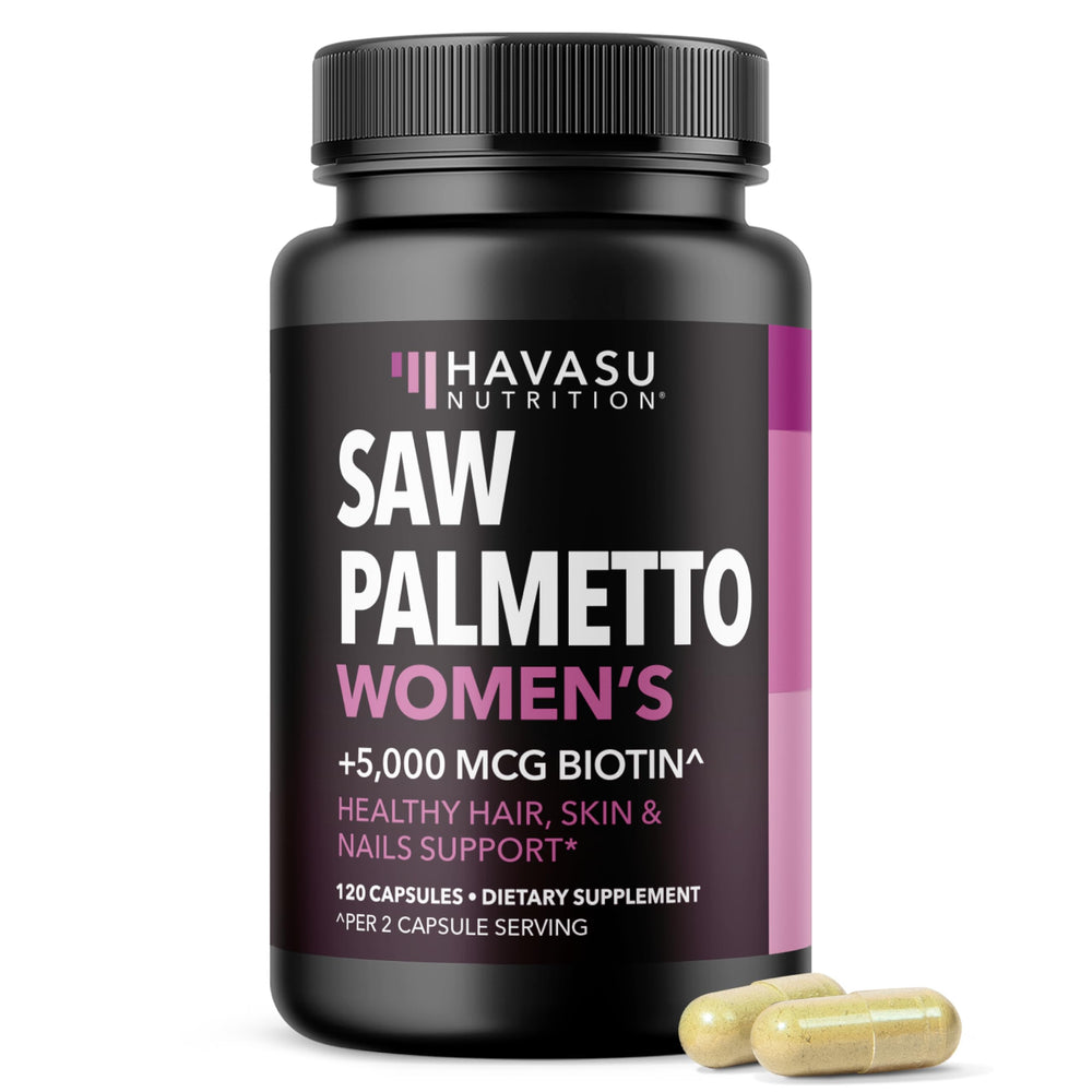 HAVASU Nutrition Saw Palmetto Biotin bottle for daily hair, skin, and nails support.