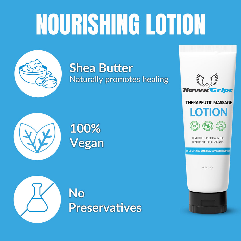 HawkGrips massage lotion showing non-greasy, non-staining finish