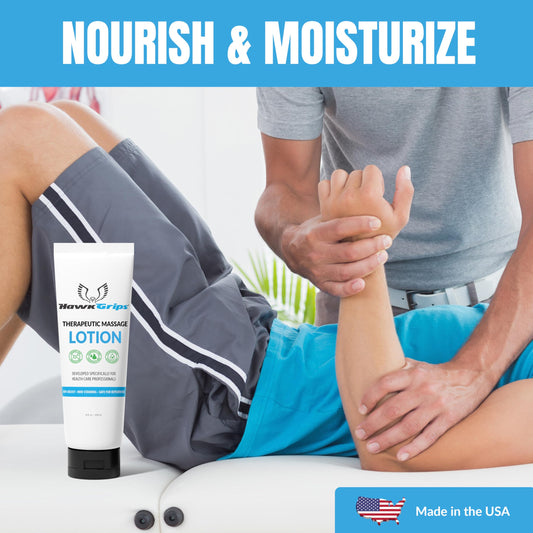 Therapist applying HawkGrips massage lotion during treatment