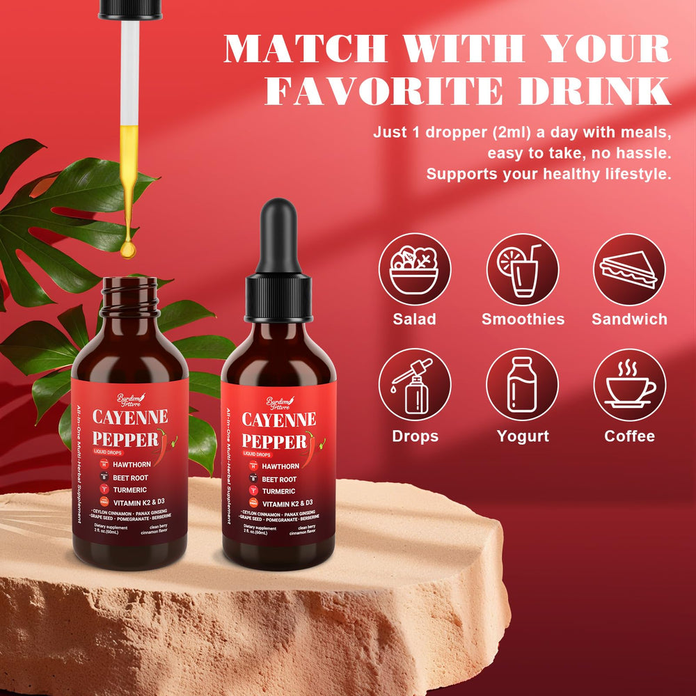 Product packaging showing cayenne drops with hawthorn, beet root and other ingredients