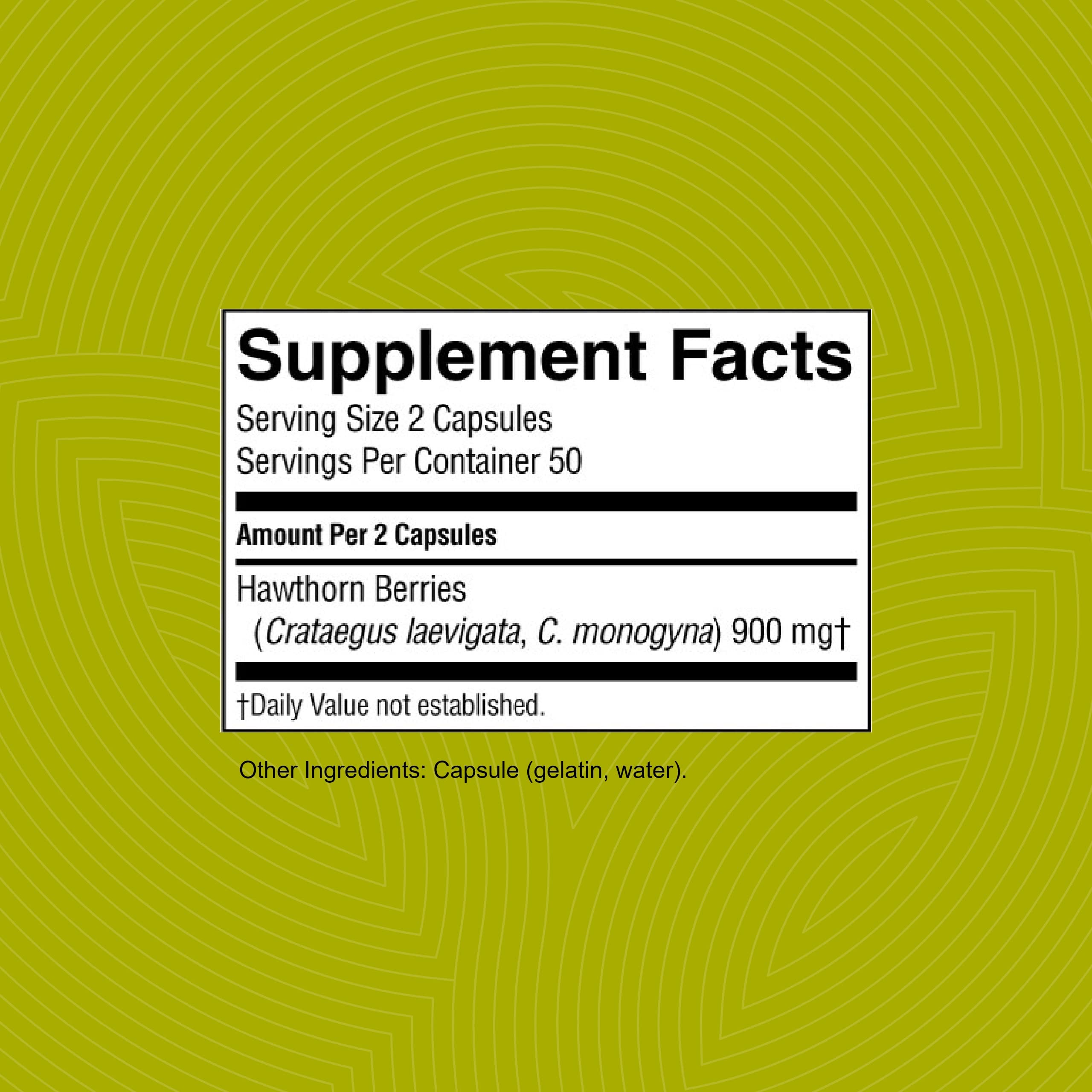 Hawthorn berries bottle with product label showing 450 mg per capsule.
