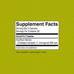 Hawthorn berries bottle with product label showing 450 mg per capsule.