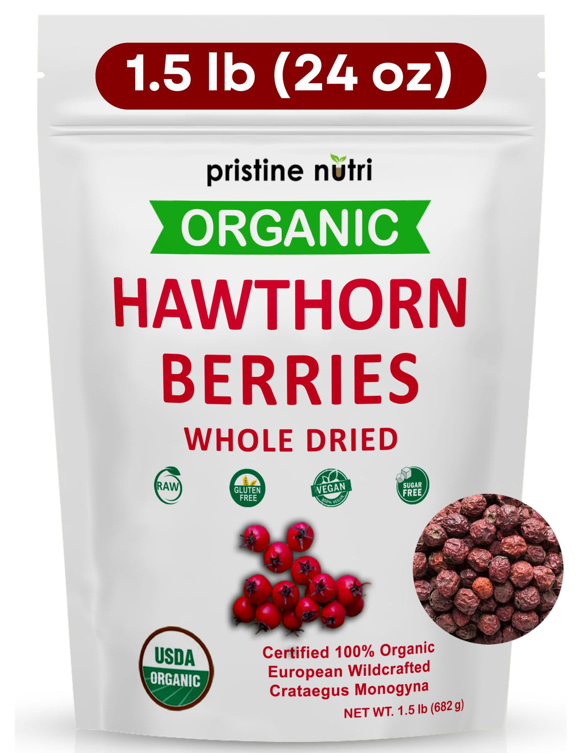 1.5 lb organic hawthorn berries dried bulk in resealable bag