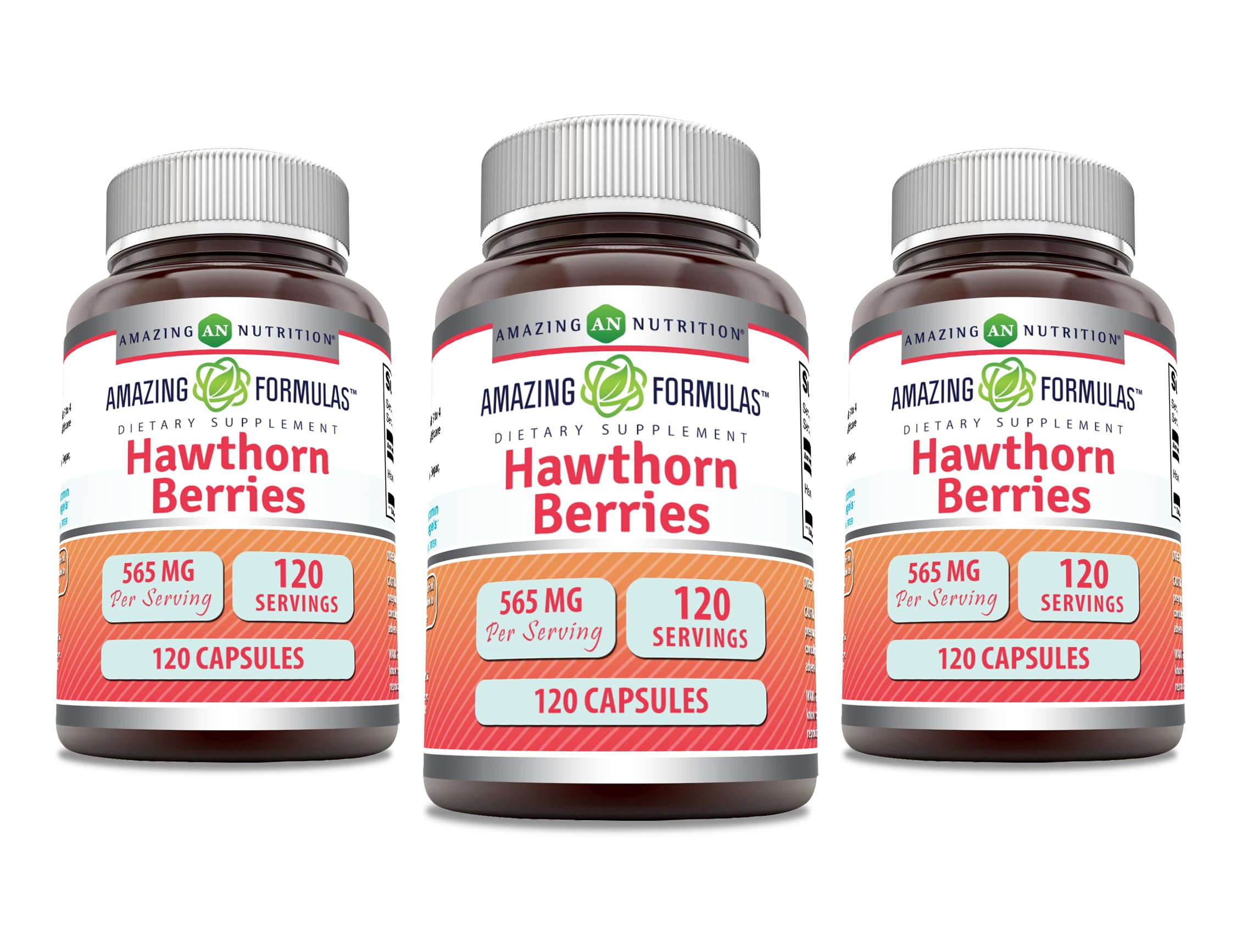 Hawthorn Berries supplement bottle front view – 565 mg, 3 pack, USA made