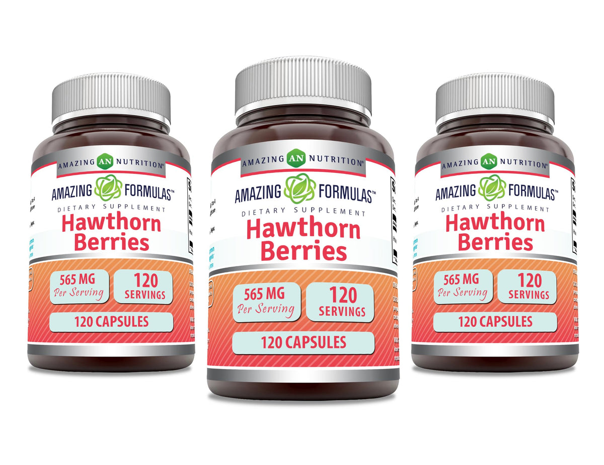 Hawthorn Berries supplement bottle front view – 565 mg, 3 pack, USA made