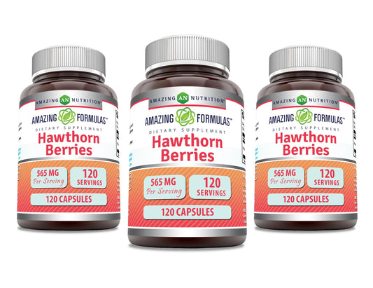 Hawthorn Berries supplement bottle front view – 565 mg, 3 pack, USA made