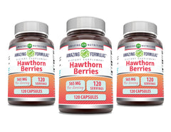 Hawthorn Berries supplement bottle front view – 565 mg, 3 pack, USA made