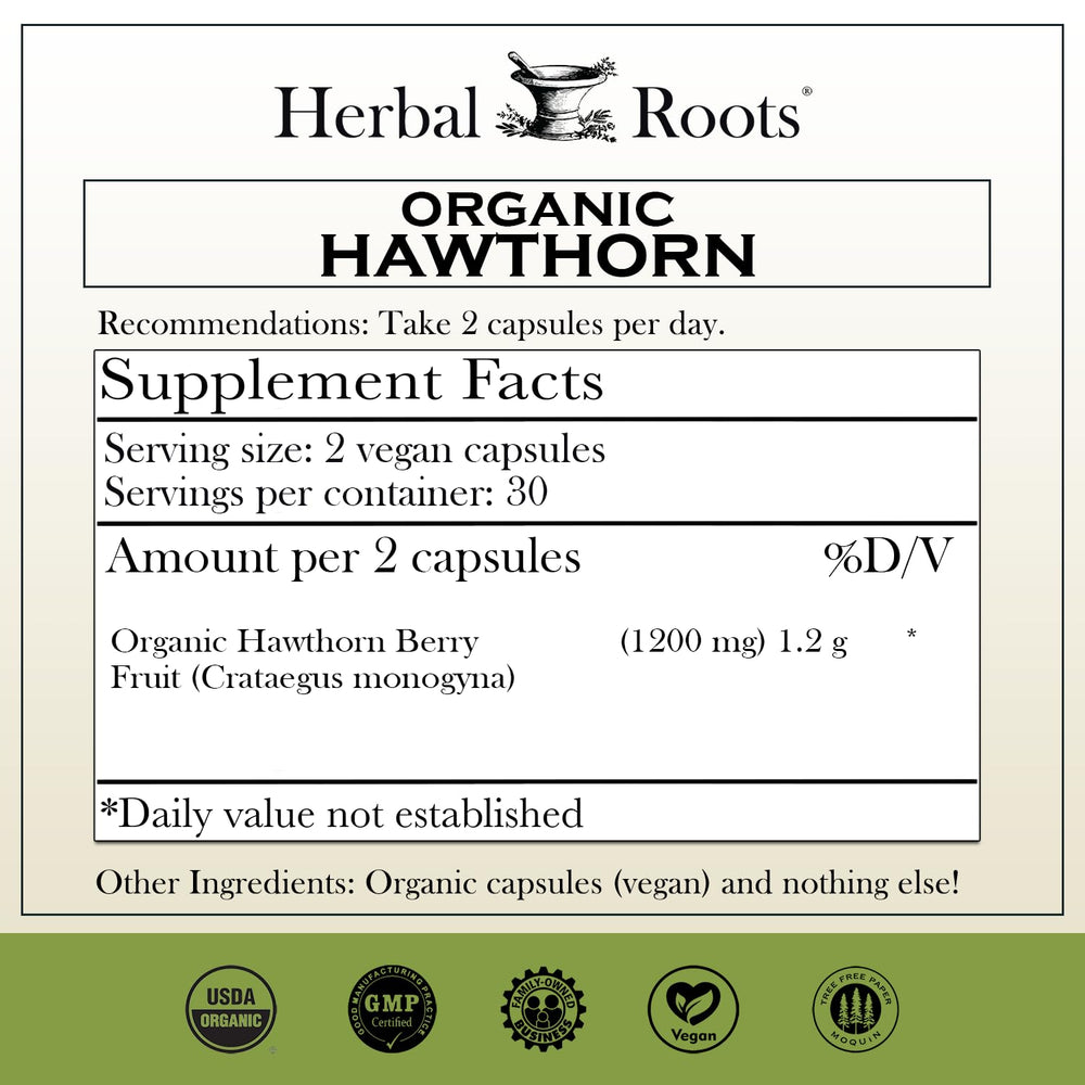 Organic hawthorn berry capsules 1200mg per serving – vegan, organic