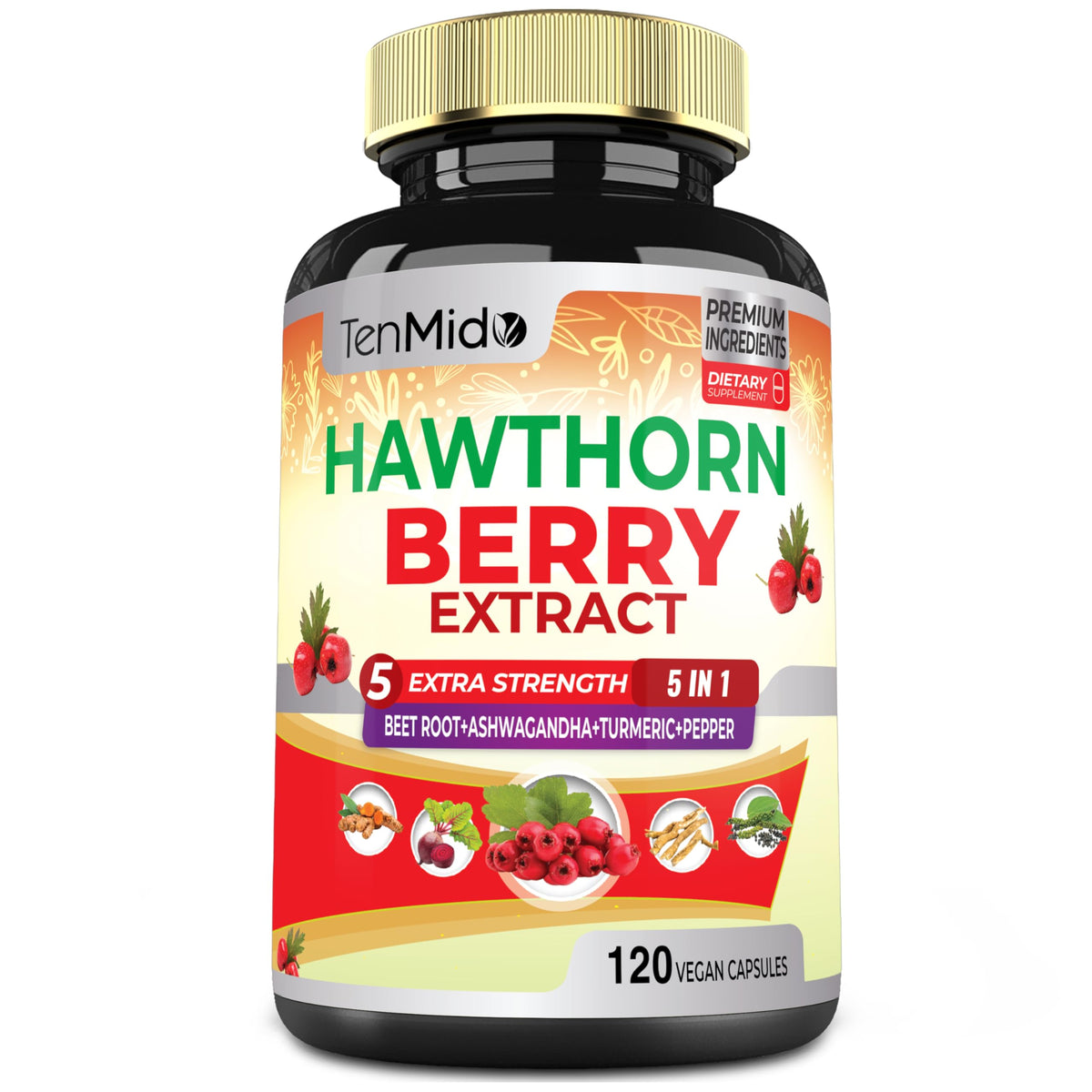Front view of Hawthorn Berry Extract Capsules bottle, 120 vegan capsules