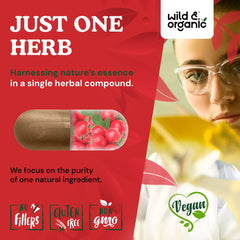 Close-up of hawthorn berry powder capsules illustrating 1200 mg per serving