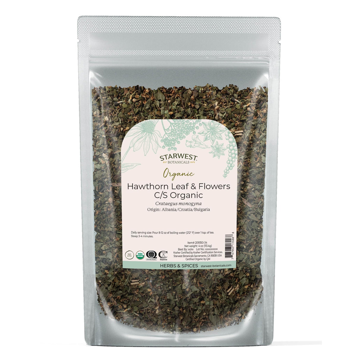 Dried hawthorn leaves and small white flowers in a loose leaf blend