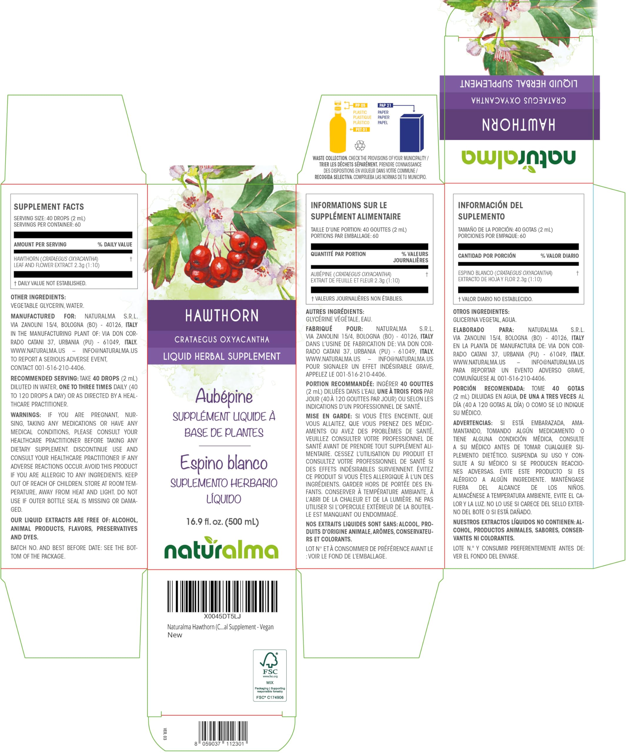 Hawthorn tincture 1:10 drops serving 40 drops (2 ml)