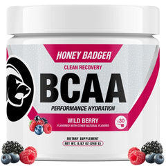 Honey Badger BCAA + EAA Wild Berry powder container front