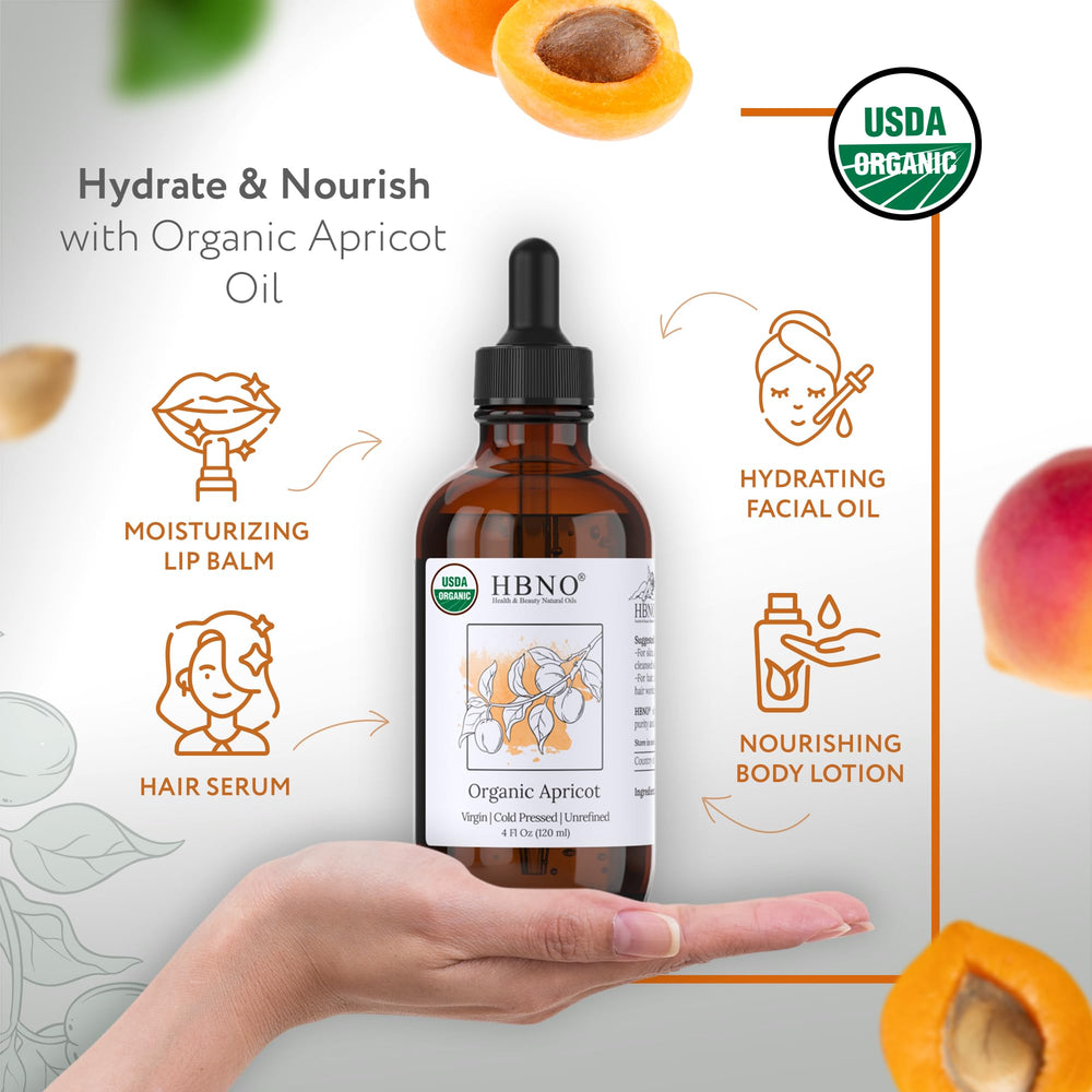 Close-up of HBNO Organic Virgin Apricot Oil bottle with label