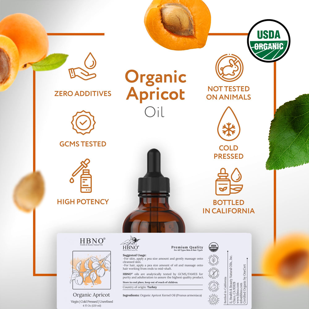 Flat lay of HBNO Apricot Oil with natural skincare ingredients