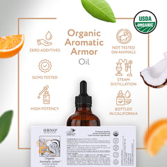 HBNO Aromatic Armor Blend ingredients (orange, eucalyptus, clove, cinnamon, rosemary)