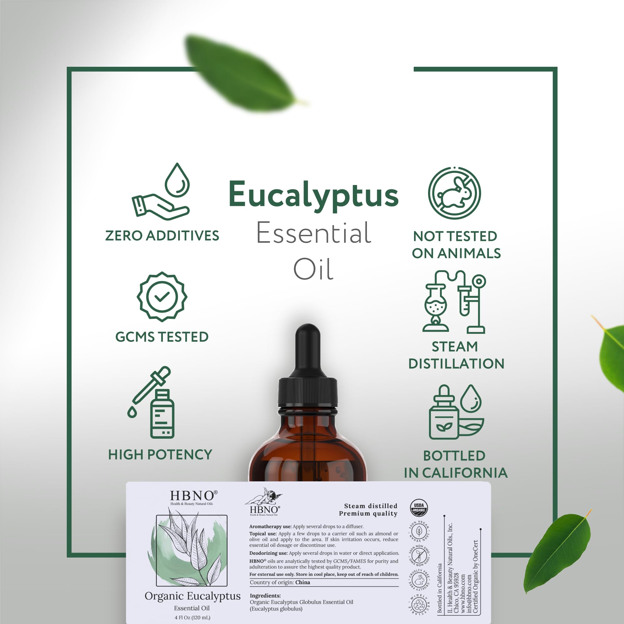 HBNO eucalyptus oil shown for diffuser use and aromatherapy
