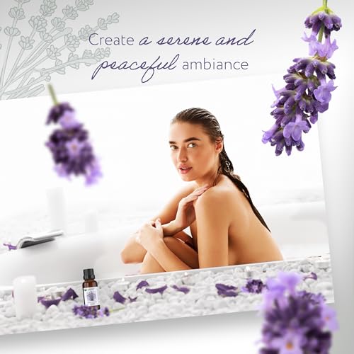 Lavender essential oil bottle with ingredients information