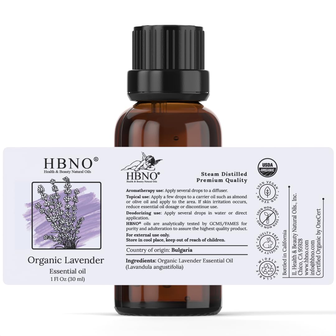 HBNO lavender oil bottle with USDA Organic label