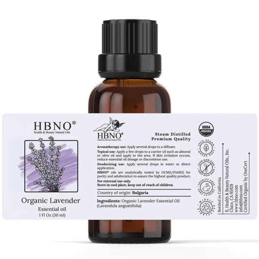 HBNO lavender oil bottle with USDA Organic label