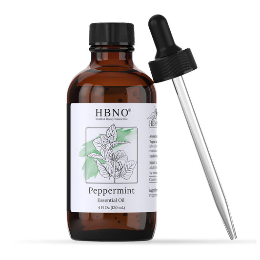 HBNO California Peppermint Essential Oil 4 oz bottle with amber glass and glass dropper