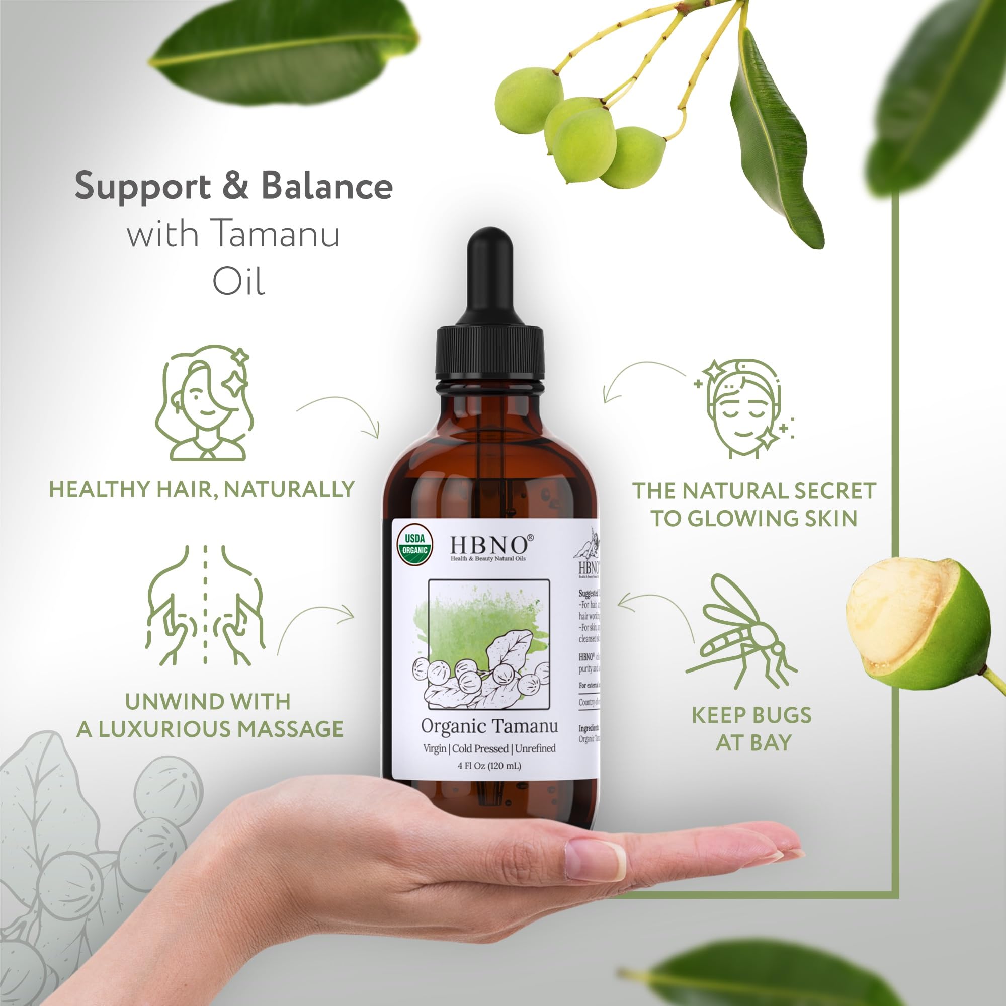 Virgin cold-pressed Tamanu oil in glass bottle