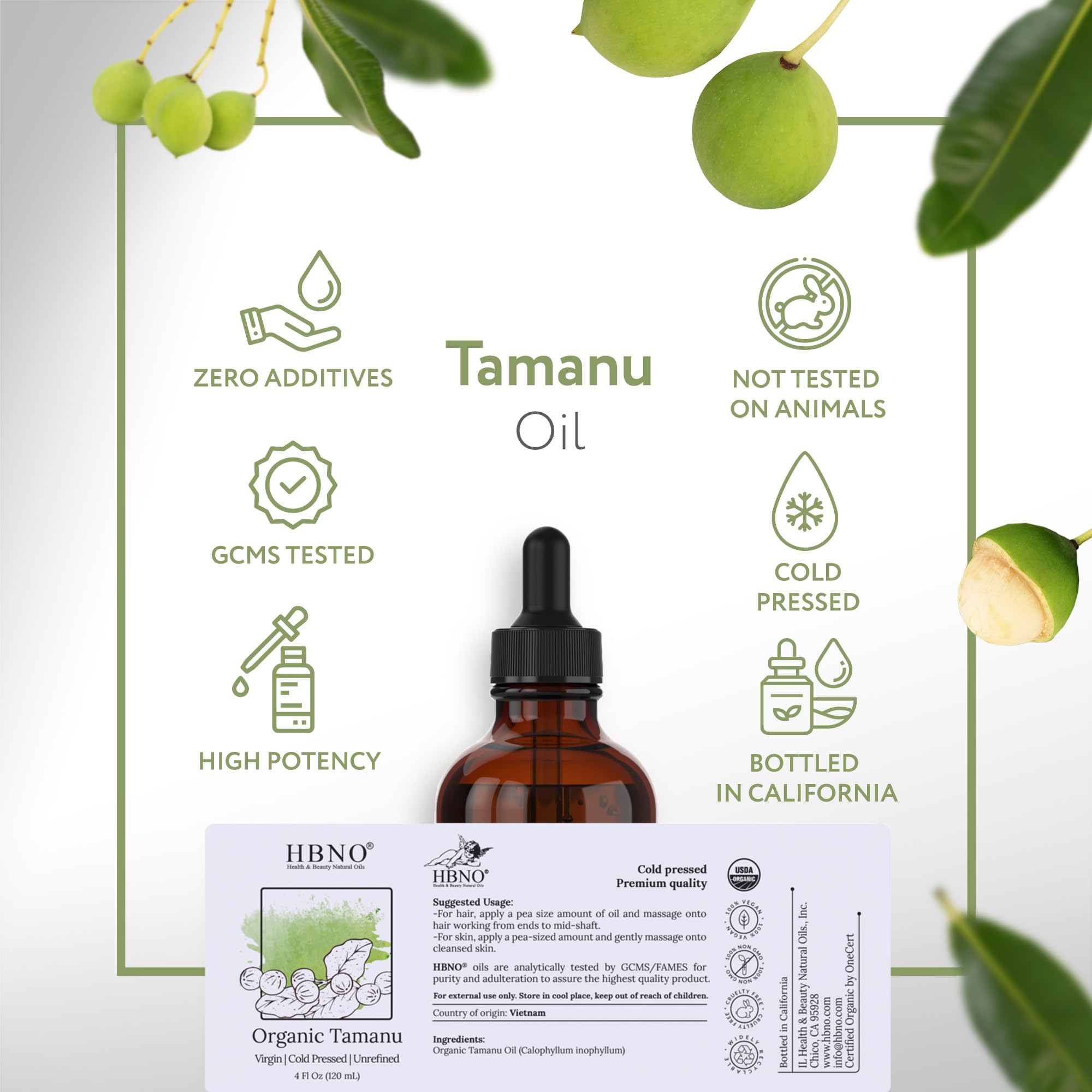 HBNO Tamanu oil with ingredients and certification logos