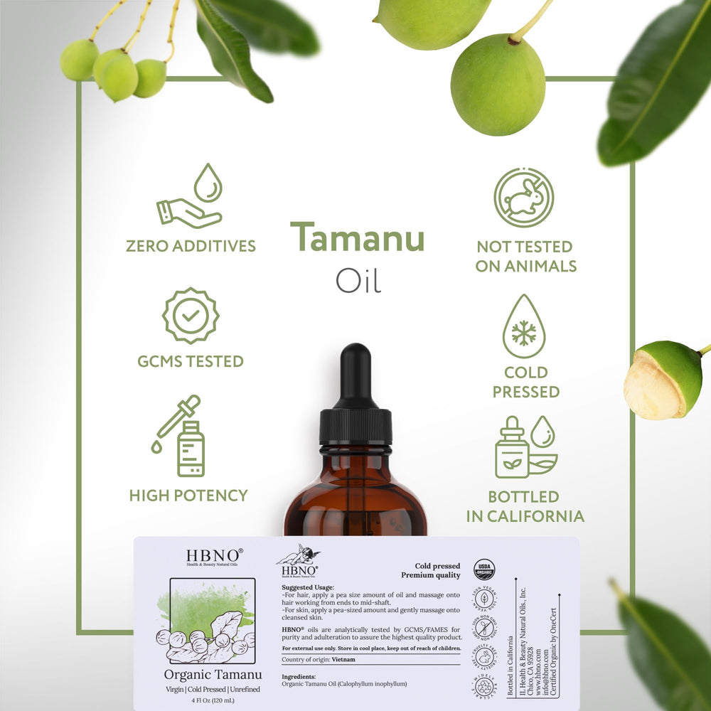HBNO Tamanu oil with ingredients and certification logos