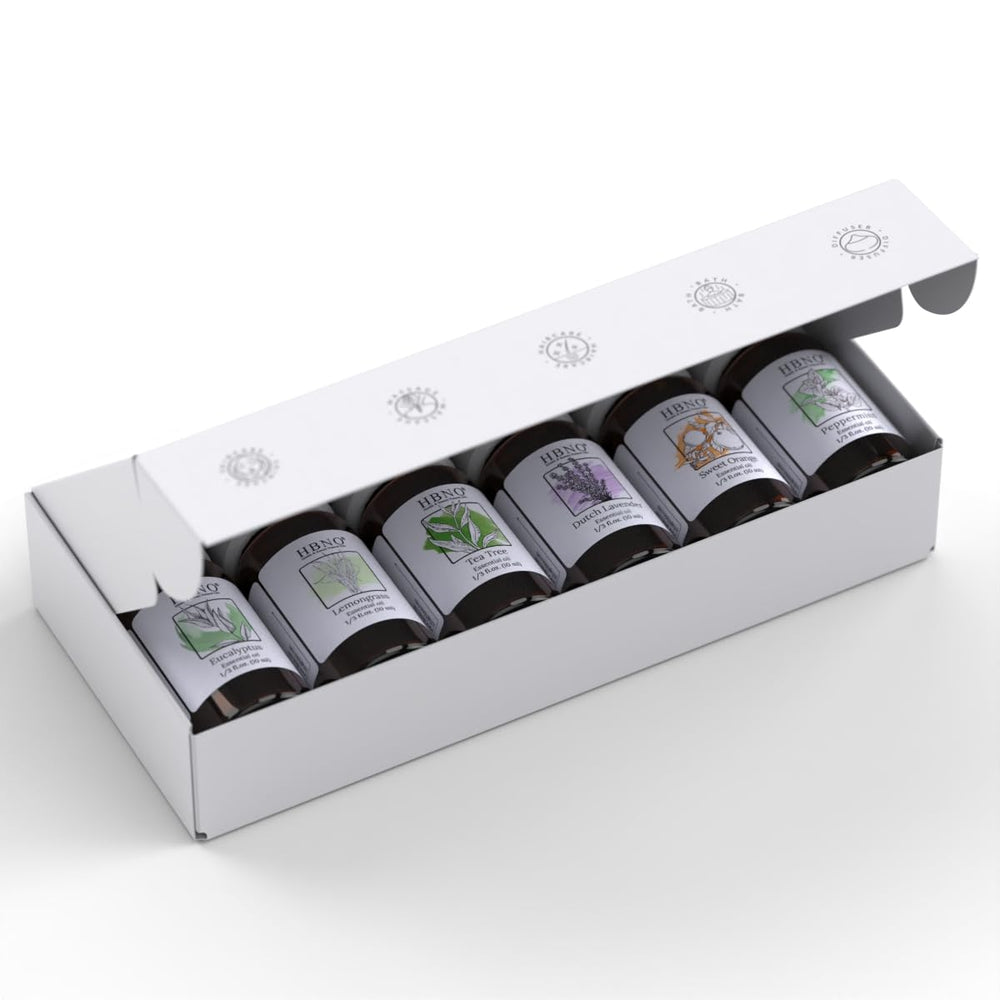 HBNO essential oils gift set packaging highlighting premium quality.