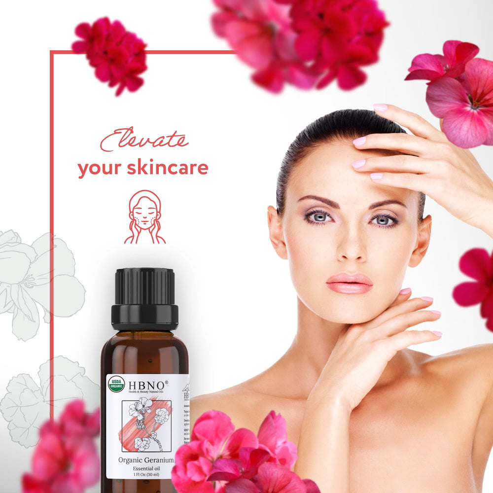 Close-up of purity and ingredients for HBNO Geranium Oil
