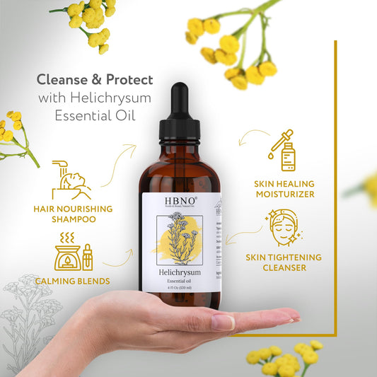 Amber glass bottle of HBNO Helichrysum Oil
