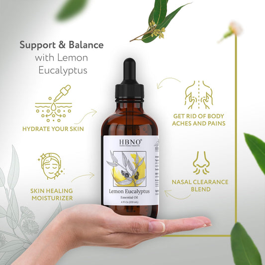 Amber glass bottle of HBNO Lemon Eucalyptus essential oil with label
