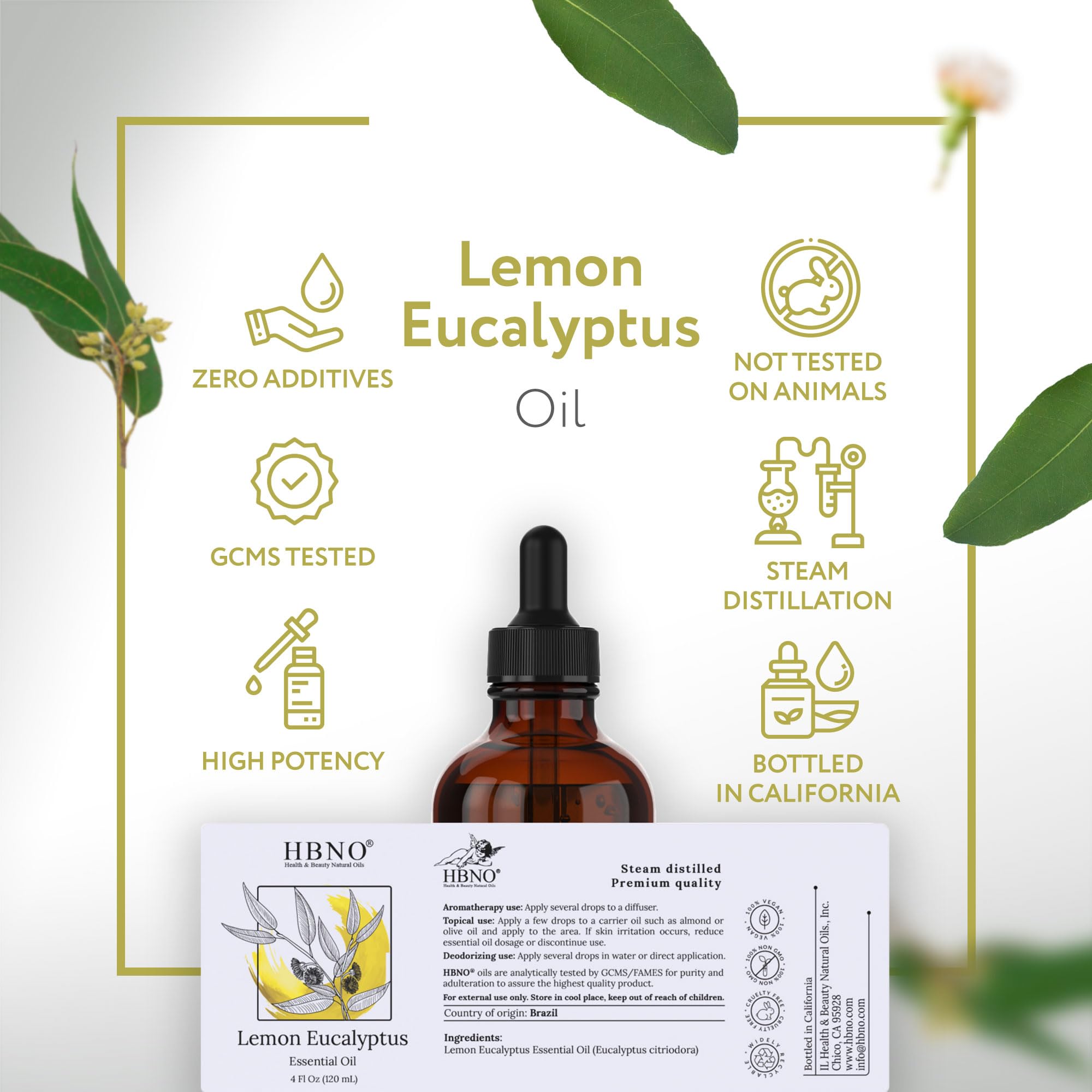 HBNO Lemon Eucalyptus essential oil label on amber bottle