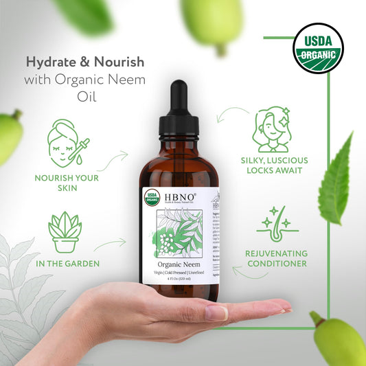 HBNO Neem Oil glass bottle with dropper enables controlled skincare use.