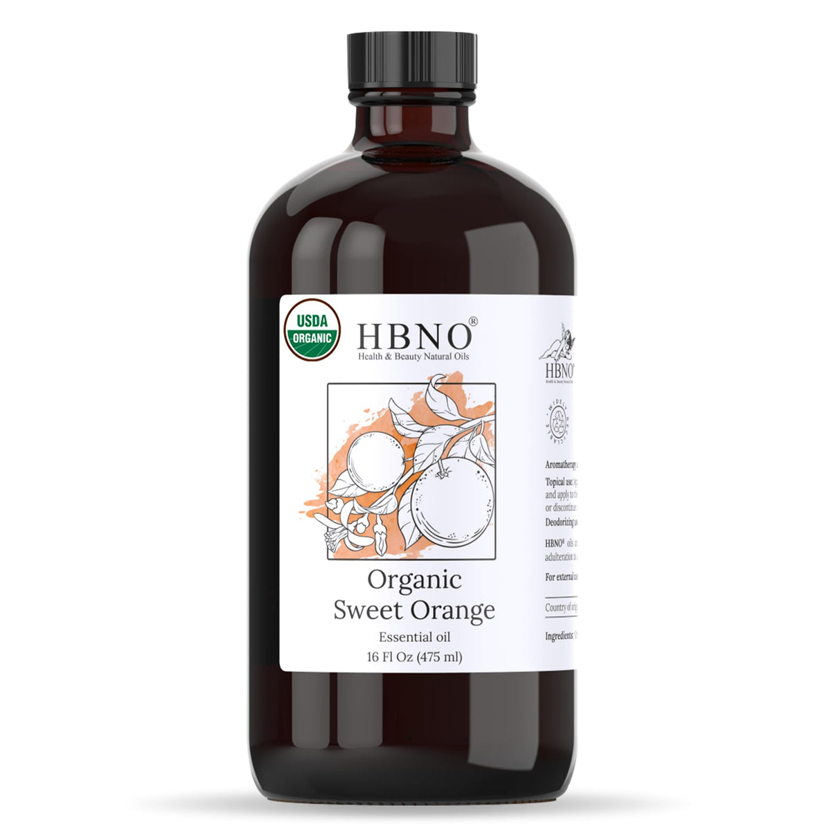 HBNO Organic Orange Oil bottle 16oz ready for diffusion and room freshening.