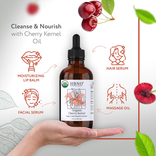 HBNO Organic Cherry Kernel Oil amber glass bottle emphasizes premium protection and freshness.