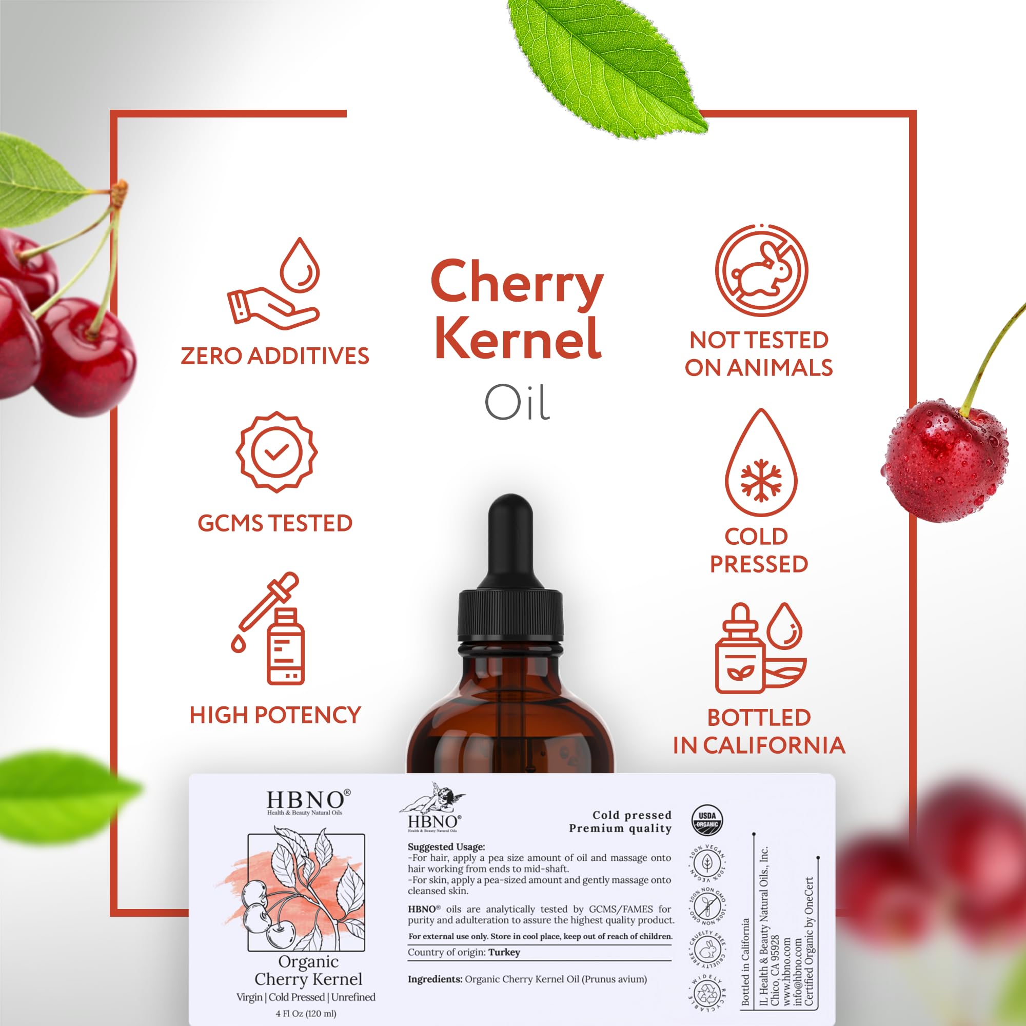 HBNO Organic Cherry Kernel Oil label closeup displays USDA Organic and hexane-free quality.