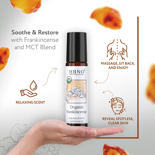 HBNO organic frankincense oil in amber glass protects quality.