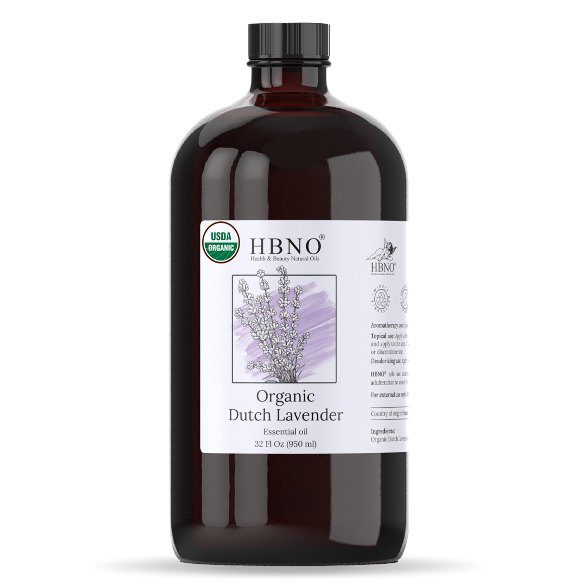 HBNO Organic Lavender Dutch Oil 32 oz glass bottle — front view