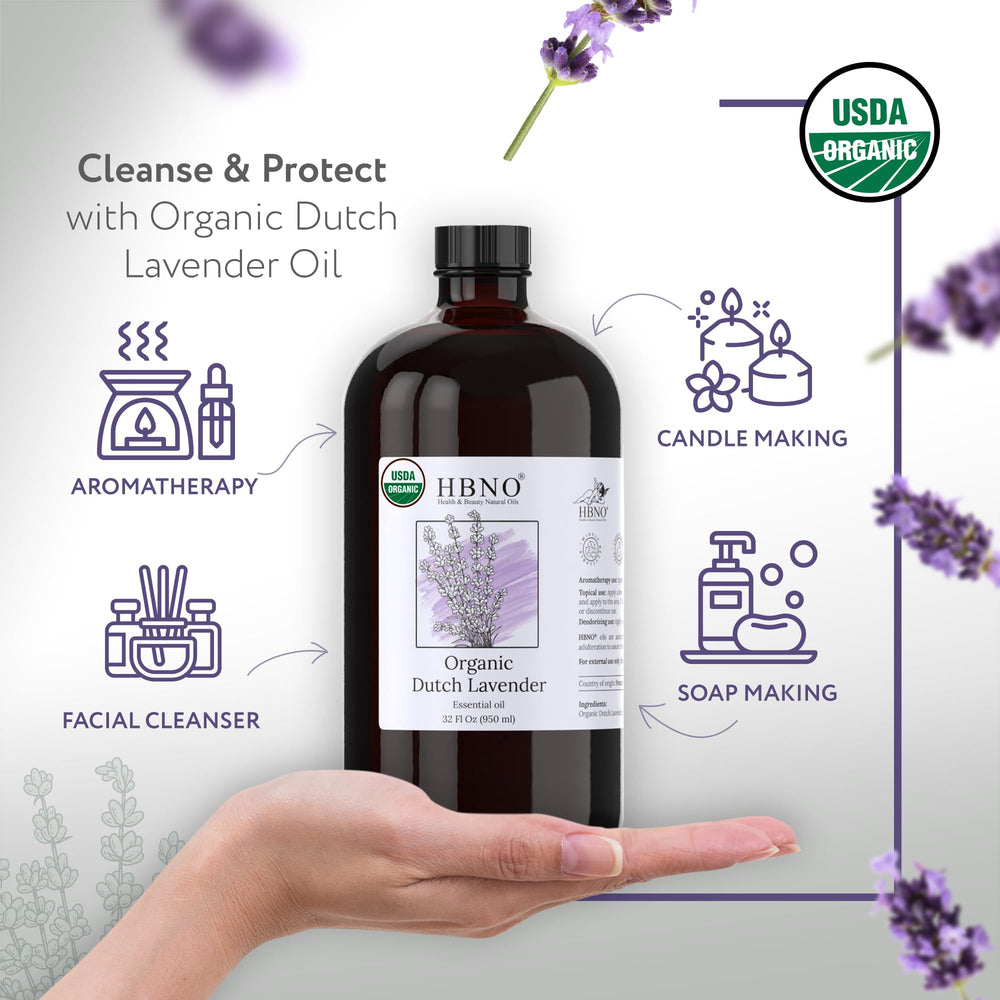 HBNO Organic Lavender Dutch Oil 32 oz glass bottle — side view