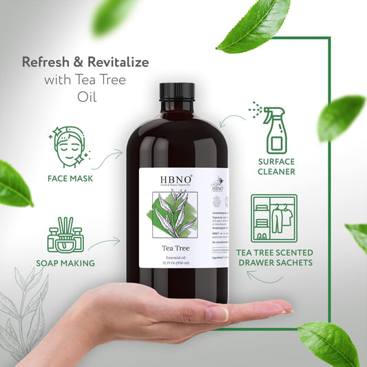 HBNO Tea Tree Oil 32 oz glass bottle – back label
