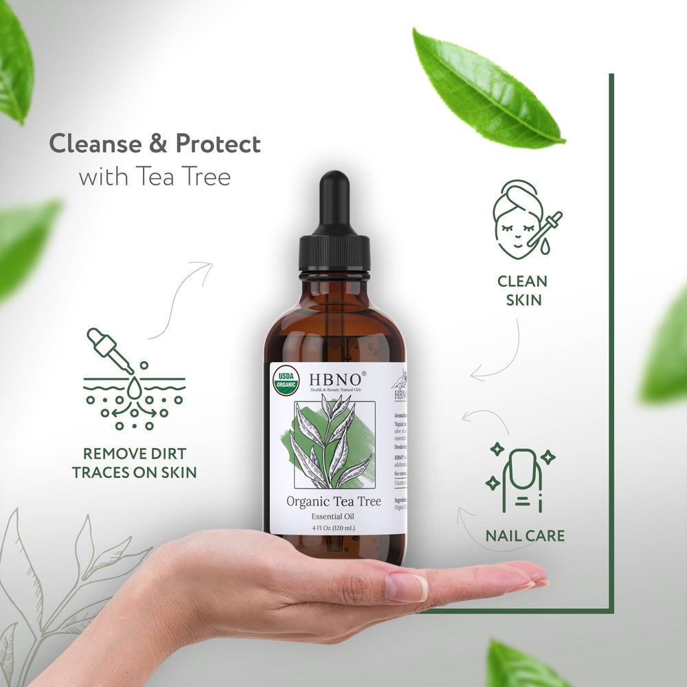 Tea tree oil bottle with USDA Organic certification label
