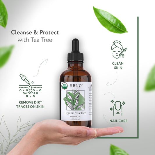 Tea tree oil bottle with USDA Organic certification label