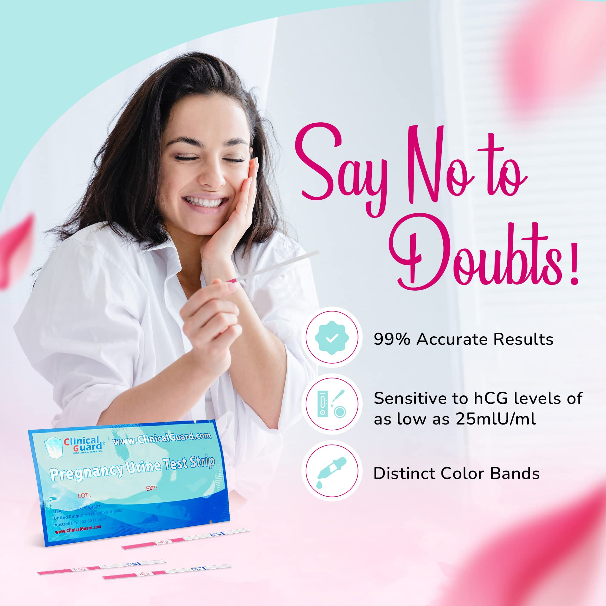 HCG test strip showing detection sensitivity of 25 mIU/mL