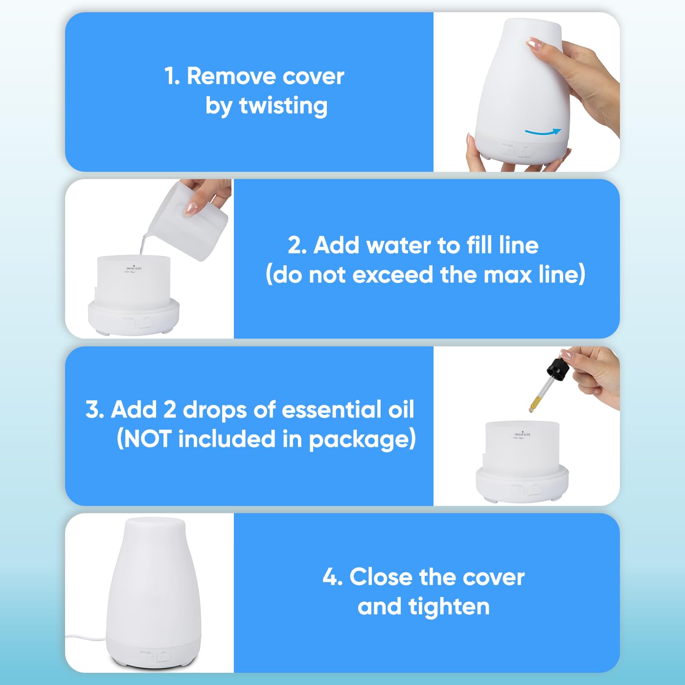 HDE diffuser shows intermittent and continuous mist modes for customization