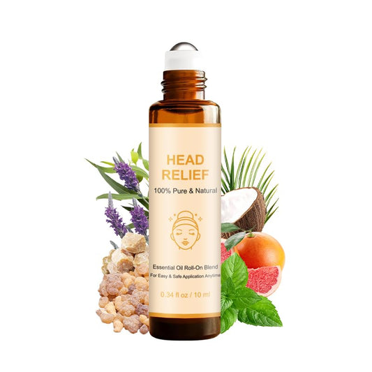 Head Care Essential Oils Roll On with organic eucalyptus, peppermint, frankincense, lavender and coconut oil for aromatherapy and skin care