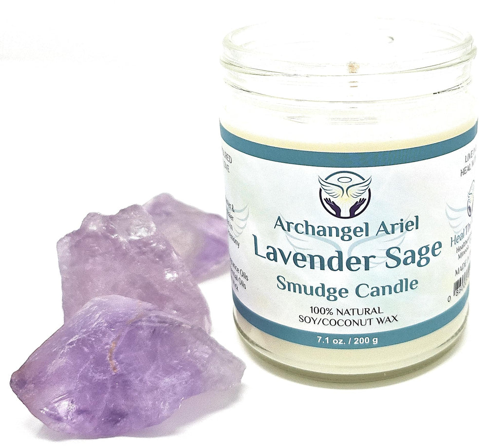 Reiki charged candle during sacred ceremony - Lavender Sage 7 oz